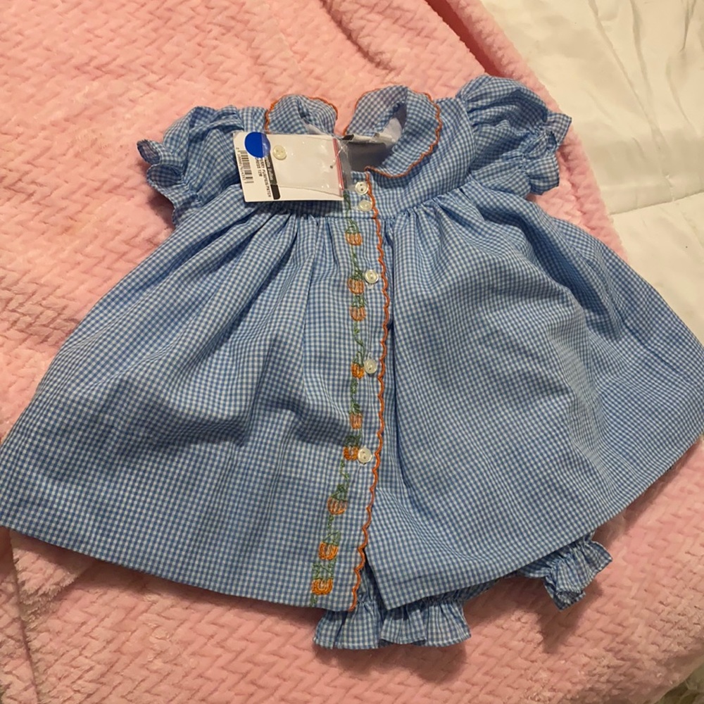 Proper peony pumpkin fall dress bloomers set blue seersucker embroider 12 mo NWT
